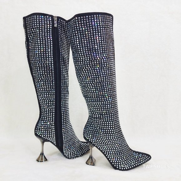 Glamour Shot Mirror Rhinestone Tinted 4" Pyramid Heel Knee High Boots Black - Picture 3 of 10